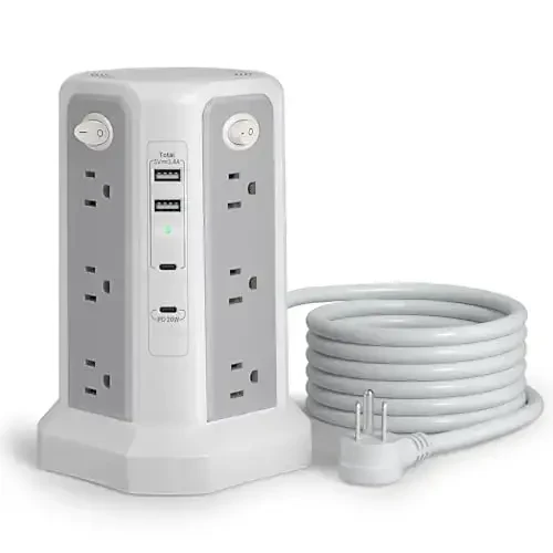 Длинный удлинитель 10FT 1625W|13A с несколькими розетками, сетевой фильтр в виде башни с 4 USB (2 USB C) портами, плоская вилка 1800J защита от перегрузки для дома, офиса, общежития - PASSUS