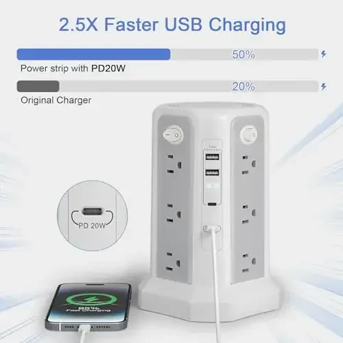 Длинный удлинитель 10FT 1625W|13A с несколькими розетками, сетевой фильтр в виде башни с 4 USB (2 USB C) портами, плоская вилка 1800J защита от перегрузки для дома, офиса, общежития - PASSUS (1)
