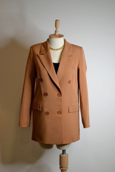 DLQ Women's Oversized Double-Breasted Blazer Jacket Brown Buttoned Long Camel - 7