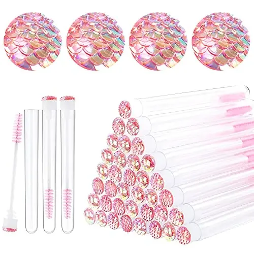 Dming 50 Pieces Disposable Mascara Brushes Eyelash Brush Lash Wand Diamond Mascara Wands with Tube Makeup Tool Lash Spoolies Sanitary Brushes Lash Extension Supplies (tube scale l pink 50) - 2