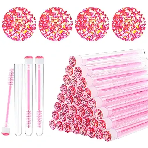 Dming 50-Piece Disposable Mascara Brushes - Eyelash Brushes, Diamond Mascara Wands with Tube, Makeup Tool, Lash Spoolies, Sanitary Brushes, Lash Extension Supplies (Tube Star D Pink 50) 