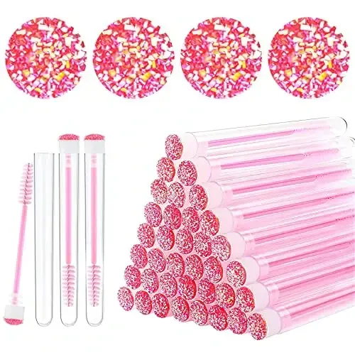 Dming 50-Piece Disposable Mascara Brushes - Eyelash Brushes, Diamond Mascara Wands with Tube, Makeup Tool, Lash Spoolies, Sanitary Brushes, Lash Extension Supplies (Tube Star D Pink 50) - 1