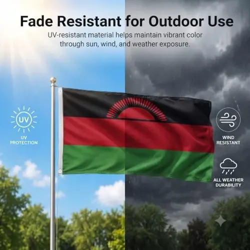 DMSE Malawi National Flag, 3ft x 5ft - Fade-Resistant Outdoor & Indoor Flag - Quad-Stitched Fly End & Heavy-Duty Brass Grommets (3ft x 5ft) - 3