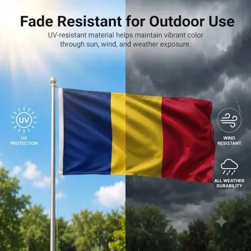 DMSE Romania National Flag, 3ft x 5ft - Fade-Resistant Outdoor & Indoor Flag - Quad-Stitched Fly End & Heavy-Duty Brass Grommets (3ft x 5ft) - 3