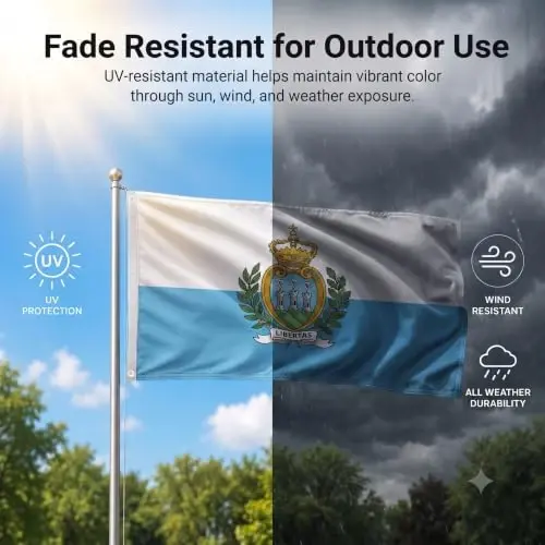 DMSE San Marino National Flag, 2ft x 3ft - Fade-Resistant Outdoor & Indoor Flag - Quad-Stitched Fly End & Heavy-Duty Brass Grommets (2ft x 3ft) - 3