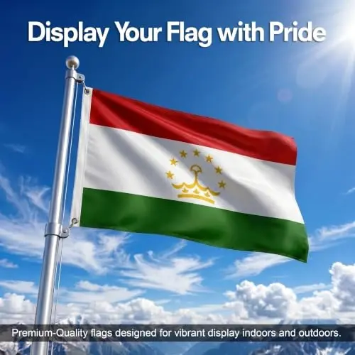 DMSE Tajikistan National Flag, 3ft x 5ft - Fade-Resistant Outdoor & Indoor Flag - Quad-Stitched Fly End & Heavy-Duty Brass Grommets (3ft x 5ft) - DMSE Wholesale (1)