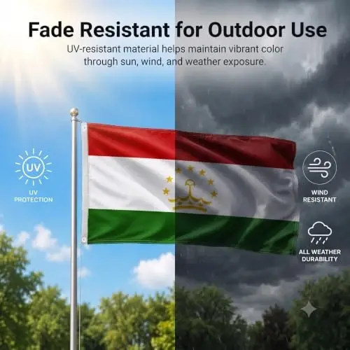 DMSE Tajikistan National Flag, 3ft x 5ft - Fade-Resistant Outdoor & Indoor Flag - Quad-Stitched Fly End & Heavy-Duty Brass Grommets (3ft x 5ft) - 3