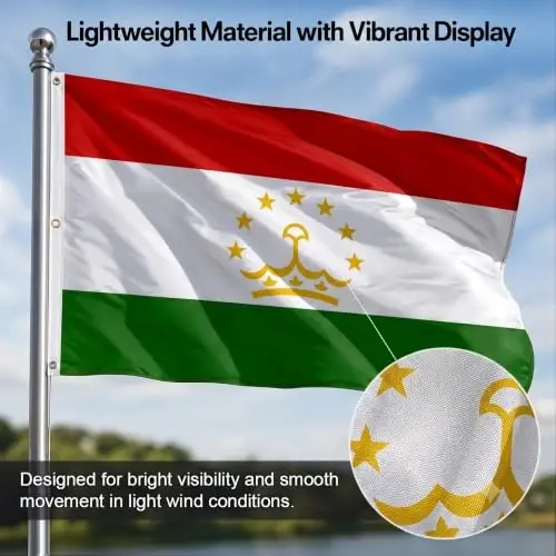 DMSE Tajikistan National Flag, 3ft x 5ft - Fade-Resistant Outdoor & Indoor Flag - Quad-Stitched Fly End & Heavy-Duty Brass Grommets (3ft x 5ft) - 6