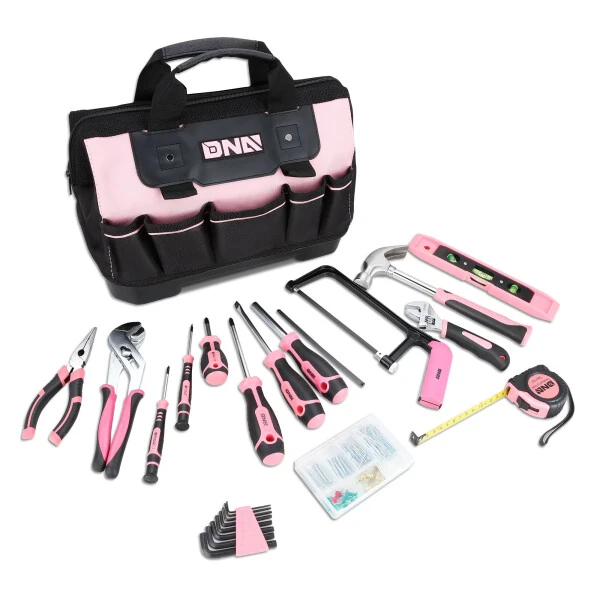 DNA Motoring TOOLS-00206 Pink 37 PCs Portable Tool Kit Household General Repair Water Pump Pliers Hacksaw Set Hand Tool Canvas Bag - DNA MOTORING