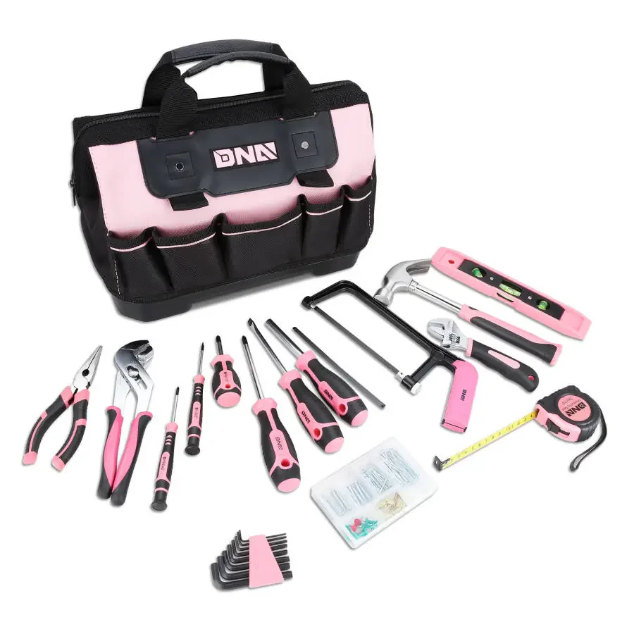 DNA Motoring TOOLS-00206 Pink 37 PCs Portable Tool Kit Household General Repair Water Pump Pliers Hacksaw Set Hand Tool Canvas Bag - 1