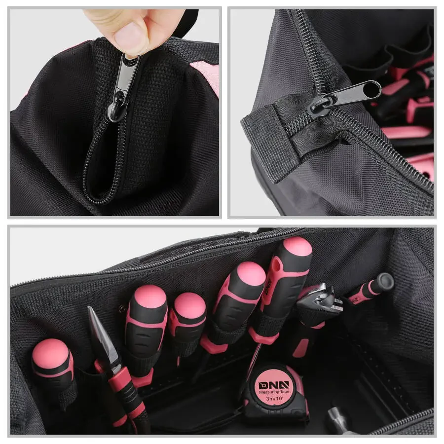 DNA Motoring TOOLS-00206 Pink 37 PCs Portable Tool Kit Household General Repair Water Pump Pliers Hacksaw Set Hand Tool Canvas Bag - 4