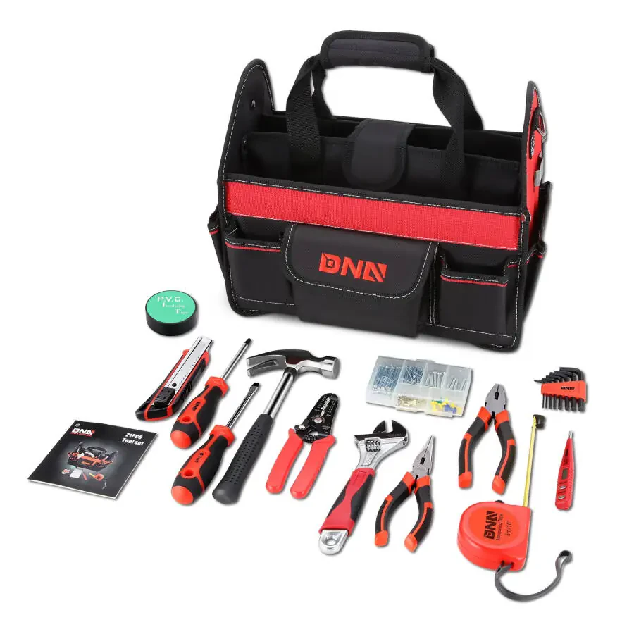 DNA Motoring TOOLS-00207 Red 21 PCs Portable Tool Kit Household General Repair Combination Pliers Adjustable Wrench Set Hand Tool Canvas Bag - 1