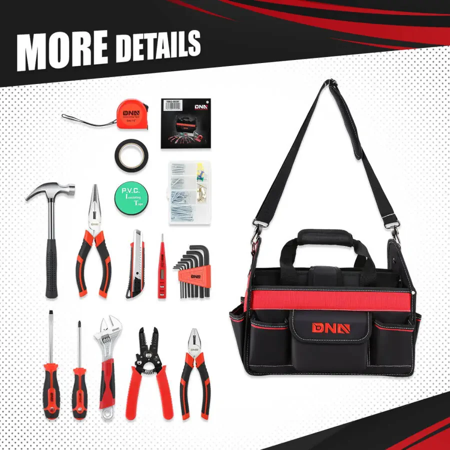 DNA Motoring TOOLS-00207 Qizil 21 dona Portativ Asboblar To'plami Uy-ro'zg'or Umumiy Ta'mirlash Kombinatsiyasi Pense Ayarlanadigan Kalit Sozlamalari Qo'l Asbobi Tuval Sumkasi - 3