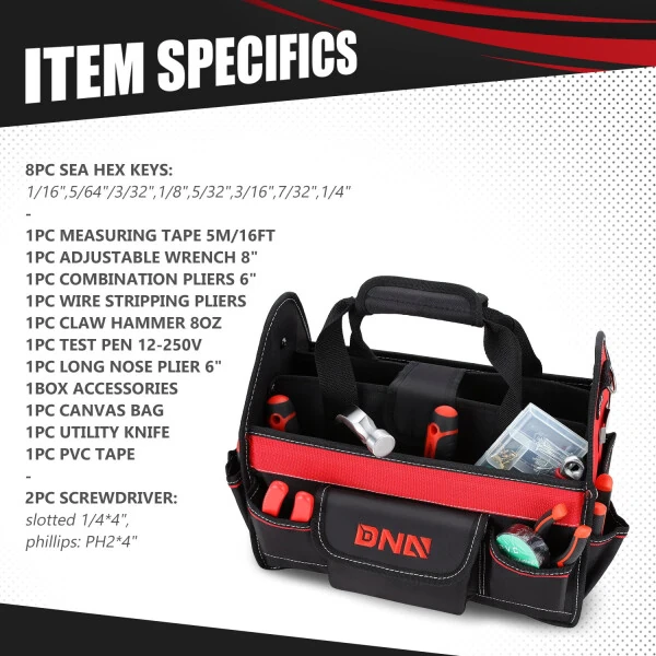 DNA Motoring TOOLS-00207 Qizil 21 dona Portativ Asboblar To'plami Uy-ro'zg'or Umumiy Ta'mirlash Kombinatsiyasi Pense Ayarlanadigan Kalit Sozlamalari Qo'l Asbobi Tuval Sumkasi - 4