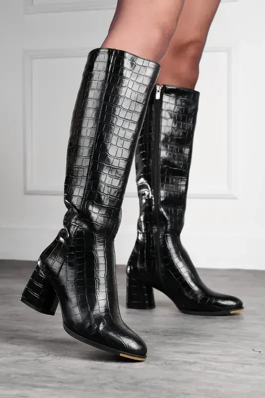 Дневник Женский Черный Крокодил Высокий Толстый Каблук Молния Комфорт Под Колено Сапоги 3001-ЧЕРНЫЙ ЛАК КРОКО - İMERSHOES