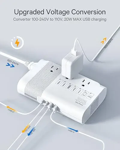 DOACE Max 500W Qadam pastga 100-220V dan 110V gacha Voltaj Konverteri, Sof Sinüs To'lqinli Quvvat Konverteri 2 USB-C, 2 USB-A Portlari, 3 AC Rozetskalari, Universal Quvvat Shteker Adapteri EU, UK, AU, IT 200 dan ortiq mamlakatlarda - 4