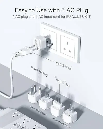 DOACE Max 500W Qadam pastga 100-220V dan 110V gacha Voltaj Konverteri, Sof Sinüs To'lqinli Quvvat Konverteri 2 USB-C, 2 USB-A Portlari, 3 AC Rozetskalari, Universal Quvvat Shteker Adapteri EU, UK, AU, IT 200 dan ortiq mamlakatlarda - 5