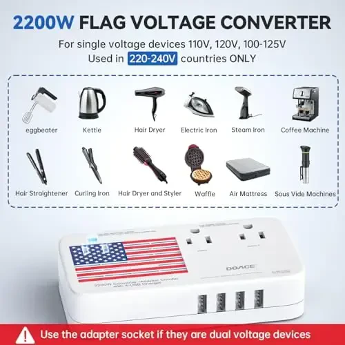 DOACE® X11 2200W kuchlanish konvertori, sochlarini fen mashinasi, dazmol va jingalak dazmollar uchun 220V dan 110V gacha konvertor, 4 portli USB va AQSh, Buyuk Britaniya, Avstraliya, Yevropa vilkalari bilan 10A sayohat quvvat adapteri. - 3