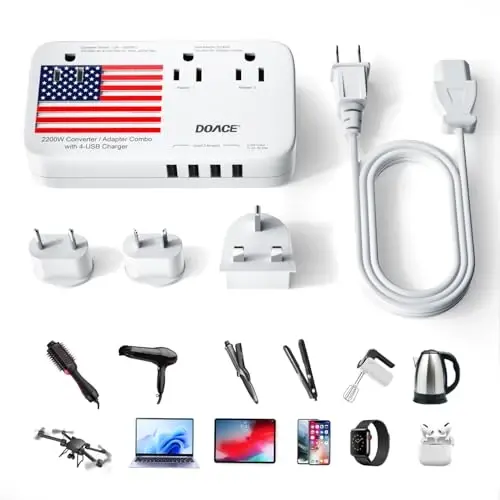 DOACE® X11 2200W Voltage Converter, 220V to 110V Converter for Hair Dryer Straightener Curling Iron, 10A Travel Power Adapter with 4-Port USB and US UK AU EU Plugs for Cell Phone Camera Tablet Laptop - 1