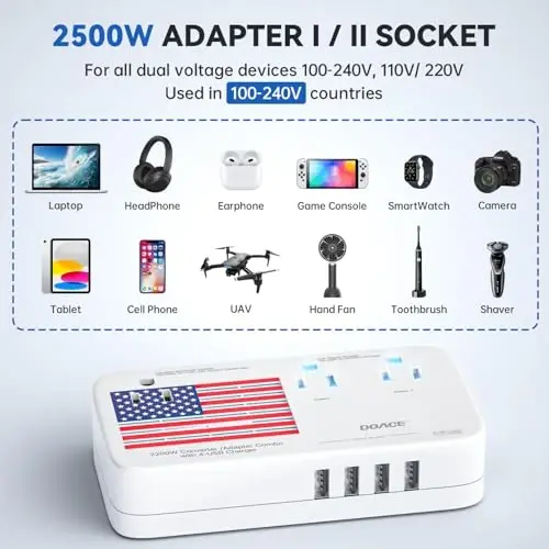 DOACE® X11 2200W Voltage Converter, 220V to 110V Converter for Hair Dryer Straightener Curling Iron, 10A Travel Power Adapter with 4-Port USB and US UK AU EU Plugs for Cell Phone Camera Tablet Laptop - DOACE (1)