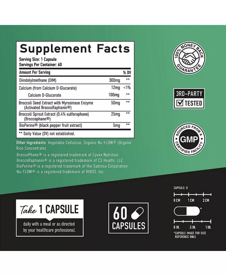 Добавка DIM 300 мг | Дииндолилметан Блокатор Эстрогена для Мужчин | Баланс Гормонов & Усилитель Физической Формы Плюс Биоперин, Кальций D-Глюкарат & Сульфорафан из Ростка Брокколи | 60 Капсул Бесцветный - 4
