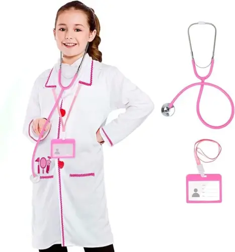 Doctor Costume for Kids, Pink Doctor Lab Coat with Working Stethoscope | Halloween Costumes for Girls Career Day Role Pretend Play Outfit - 1