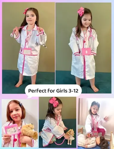 Doctor Costume for Kids, Pink Doctor Lab Coat with Working Stethoscope | Halloween Costumes for Girls Career Day Role Pretend Play Outfit - 5