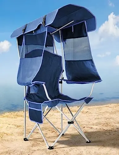 Docusvect Beach Chair with Canopy Shade, Folding Camping Chair with Canopy with Cup Holder, Side Pocket for Camp, Beach, Tailgates, Fishing - Support 330 LBS - 5