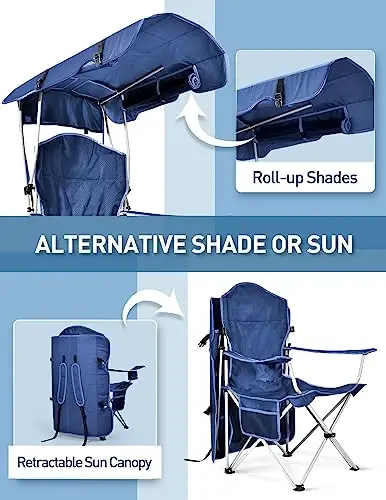 Docusvect Beach Chair with Canopy Shade, Folding Camping Chair with Canopy with Cup Holder, Side Pocket for Camp, Beach, Tailgates, Fishing - Support 330 LBS - 4