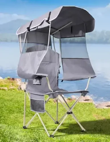 Docusvect Folding Camping Chair with Shade Canopy for Adults, Canopy Chair for Outdoors Sports with Cup Holder, Side Pocket for Camp, Beach, Tailgates, Fishing - Support 330 LBS 