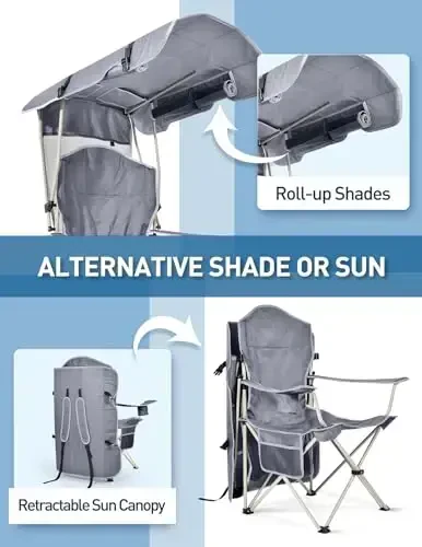 Docusvect Folding Camping Chair with Shade Canopy for Adults, Canopy Chair for Outdoors Sports with Cup Holder, Side Pocket for Camp, Beach, Tailgates, Fishing - Support 330 LBS - 5
