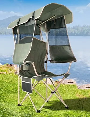Docusvect Folding Camping Chair with Shade Canopy for Adults, Canopy Chair for Outdoors Sports with Cup Holder, Side Pocket for Camp, Beach, Tailgates, Fishing - Support 330 LBS - DOCUSVECT