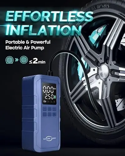 Nature Hero Tire Inflator Portable Air Compressor,150 PSI car tire air pump portable with Digital LCD Pressure Gauge,Electric Air Pump for Motorcycle Tires,Bicycle Tires and Balls,Blue - 2
