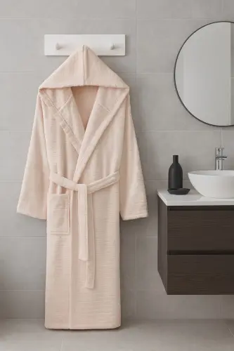 Natural Unisex Kapşonlu Kendinden Desenli Büyük Beden Bornoz - Bej - 5