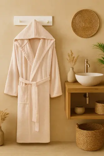 Natural Unisex Kapşonlu Kendinden Desenli Büyük Beden Bornoz - Bej - 6