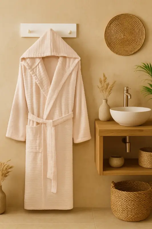 Natural Unisex Kapşonlu Kendinden Desenli Büyük Beden Bornoz - Bej - 6