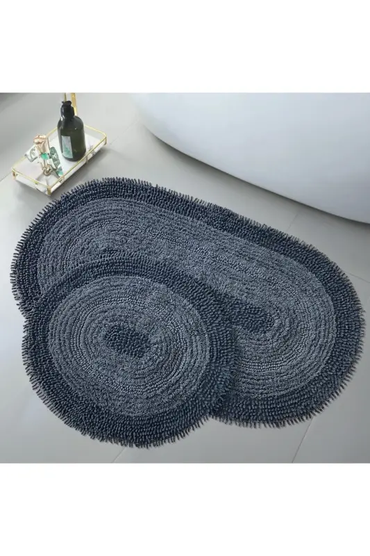 Doğal Pamuklu Spagetti Oval Antrasit 2'li Banyo Paspası Seti Banyo Halısı Klozet Takımı - Antrasit - 1