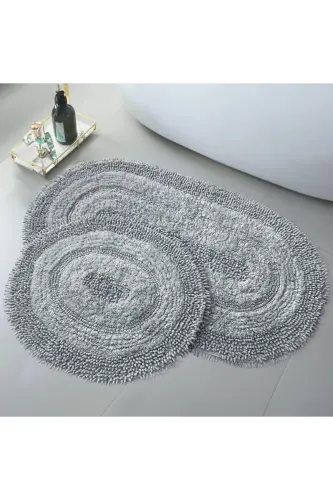 Doğal Pamuklu Spagetti Oval Gri 2'li Banyo Paspası Seti Banyo Halısı Klozet Takımı - Gri 