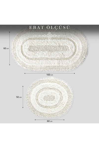 Doğal Pamuklu Spagetti Oval Krem 2'li Banyo Paspası Seti Banyo Halısı Klozet Takımı - Krem - 7