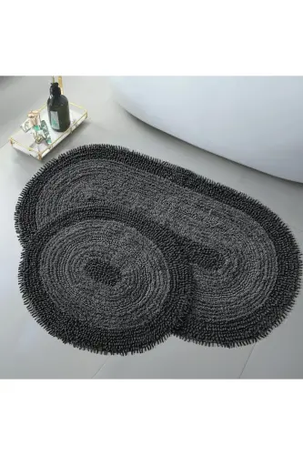 Doğal Pamuklu Spagetti Oval Siyah 2'li Banyo Paspası Seti Banyo Halısı Klozet Takımı - Siyah - 1