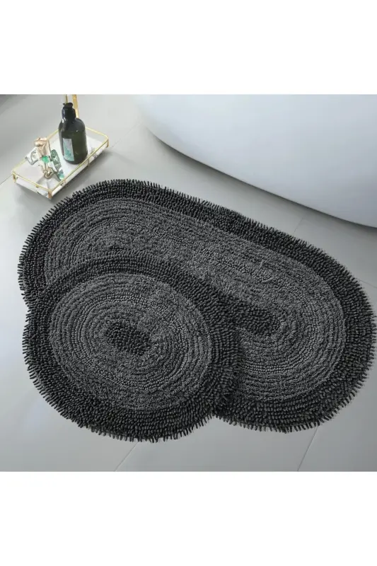 Doğal Pamuklu Spagetti Oval Siyah 2'li Banyo Paspası Seti Banyo Halısı Klozet Takımı - Siyah - 1