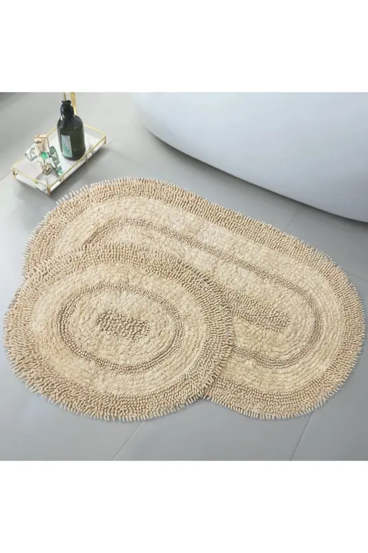 Doğal Pamuklu Spagetti Oval Vizon 2'li Banyo Paspası Seti Banyo Halısı Klozet Takımı-Vizon - BONNY HOME