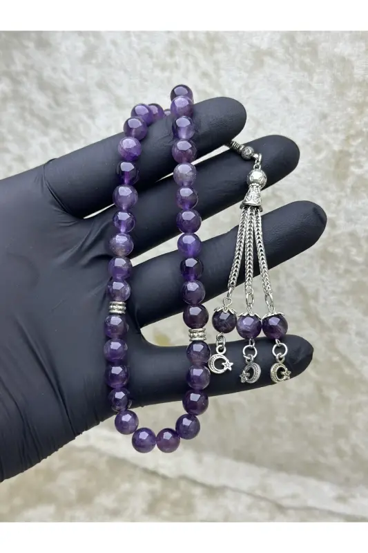 Doğaltaş Ametist Taşı Tesbih 33'lü - Özel Kozalı - MOR - 1