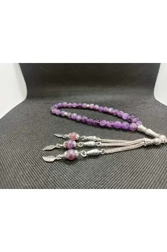 Doğaltaş Ametist Taşı Tesbih 33'lü - Özel Kozalı - MOR - 4