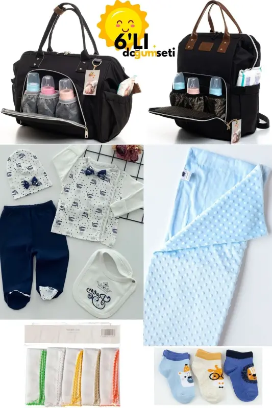 Doğum Seti Bebek Bakım Sırt Ve Omuz Çantası, Hastane Çıkışı, Battaniye, 10'lu Mendil Ve 3'lü Çorap - GRİ-BORDO - 1