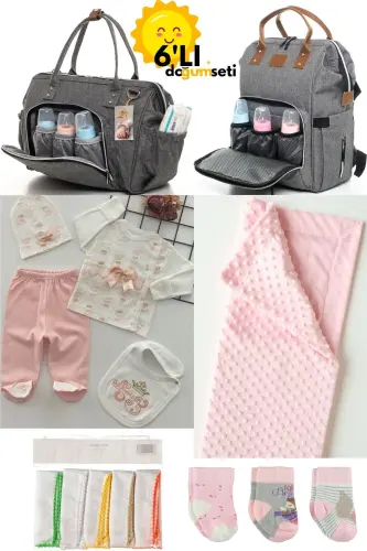 Doğum Seti Bebek Bakım Sırt Ve Omuz Çantası, Hastane Çıkışı, Battaniye, 10'lu Mendil Ve 3'lü Çorap - GRİ-PEMBE-PEMBE 