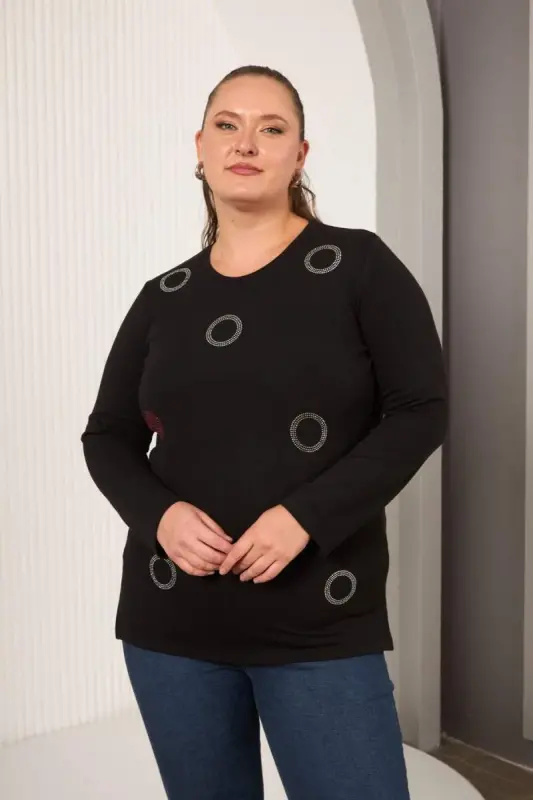 Doira Toshli Bezakli Katta Hajmli Bluz Qora - BÜYÜKBEDENIZ
