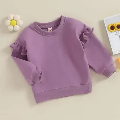 Doisbetthsay Baby Girl Boy Sweatshirts Toddler Trendy Solid Color Crew Neck Long Sleeve Pullovers Child Loose Top - 3