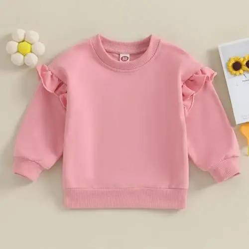 Doisbetthsay Baby Girl Boy Sweatshirts Toddler Trendy Solid Color Crew Neck Long Sleeve Pullovers Child Loose Top - 2