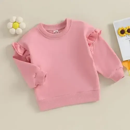Doisbetthsay Baby Girl Boy Sweatshirts Toddler Trendy Solid Color Crew Neck Long Sleeve Pullovers Child Loose Top - 3